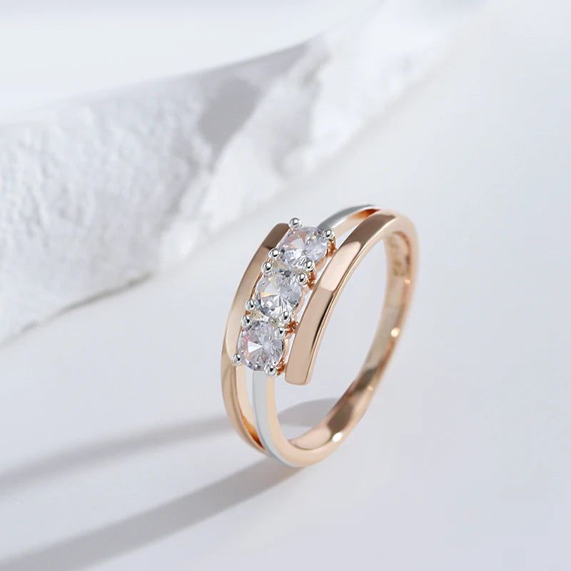 Majestic Triple White Zircon Ring Set in 585 Rose Gold and Silver Design