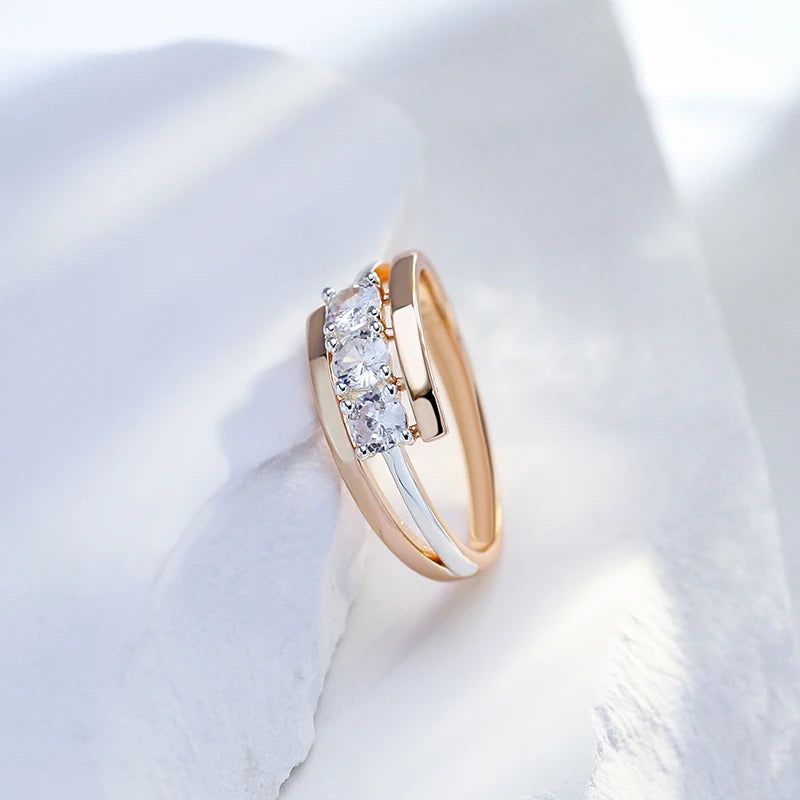 Majestic Triple White Zircon Ring Set in 585 Rose Gold and Silver Design