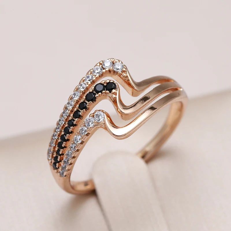 Majestic Vintage 585 Rose Gold Black Zircon Triple Wave Ring