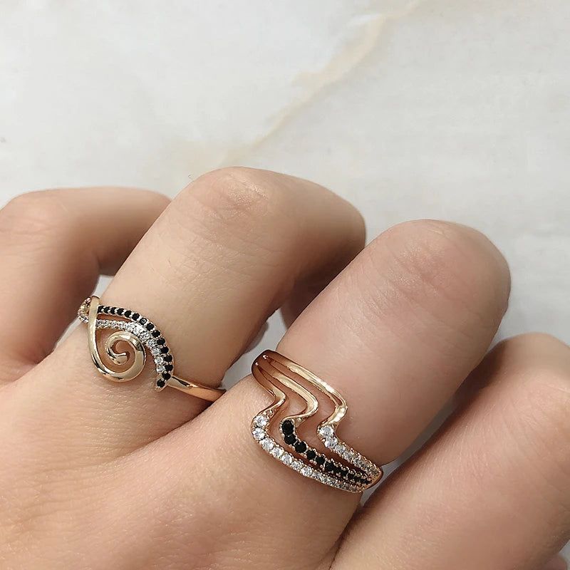 Majestic Vintage 585 Rose Gold Black Zircon Triple Wave Ring