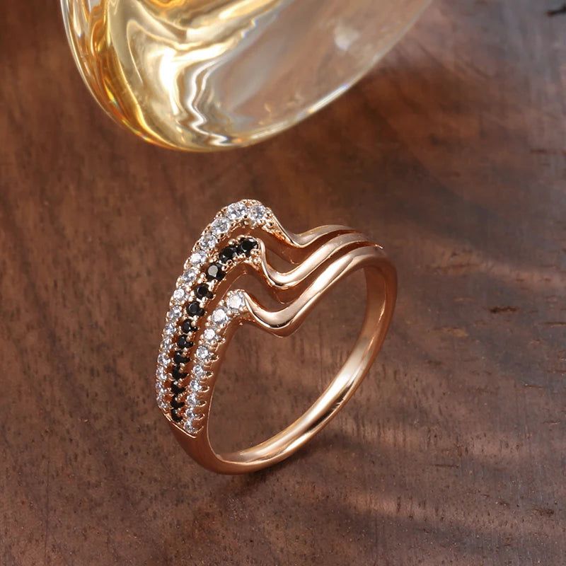 Majestic Vintage 585 Rose Gold Black Zircon Triple Wave Ring