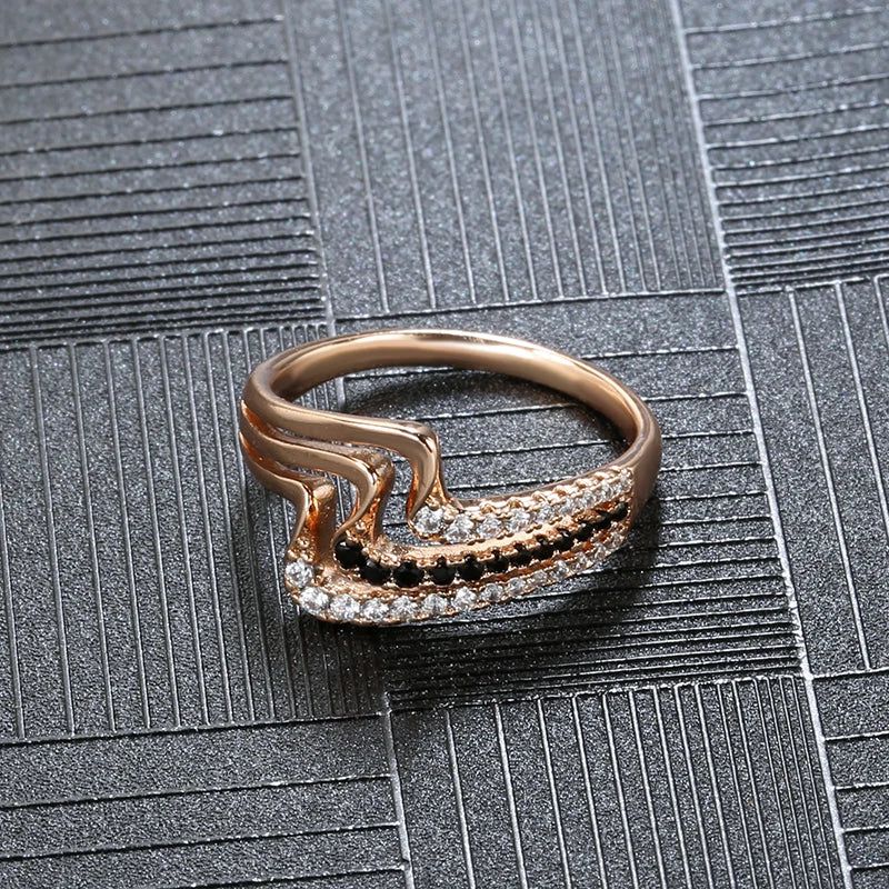 Majestic Vintage 585 Rose Gold Black Zircon Triple Wave Ring