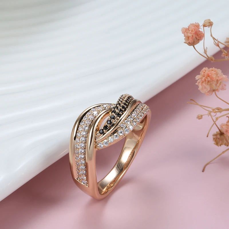 Majestic Vintage 585 Rose Gold Black Zircon Wave Cocktail Ring