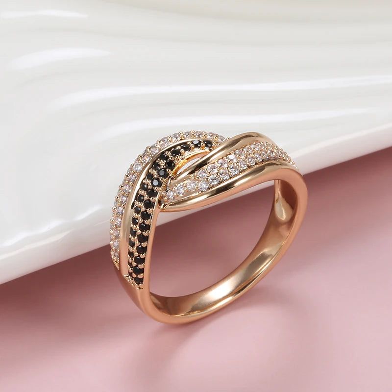 Majestic Vintage 585 Rose Gold Black Zircon Wave Cocktail Ring