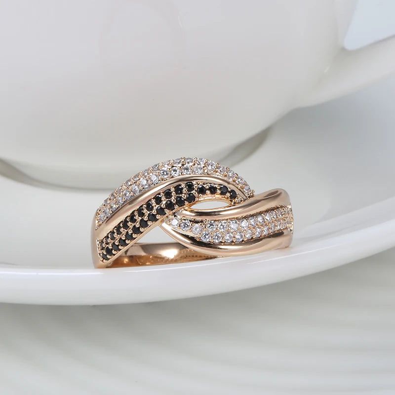 Majestic Vintage 585 Rose Gold Black Zircon Wave Cocktail Ring