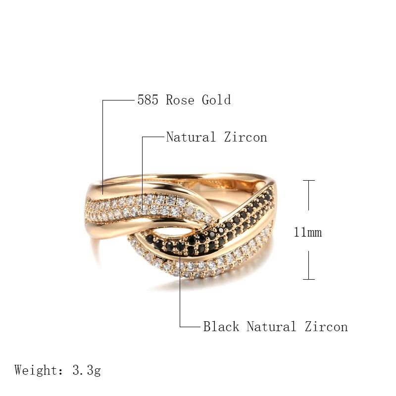 Majestic Vintage 585 Rose Gold Black Zircon Wave Cocktail Ring