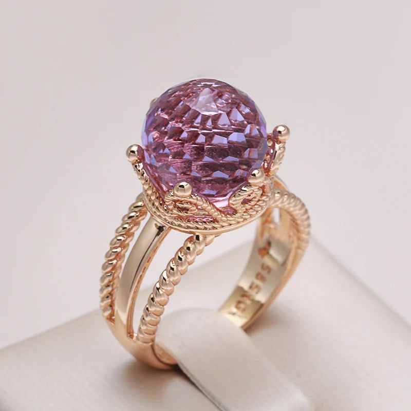 Majestic Vintage 585 Rose Gold Crown Ring with Purple Natural Zircon Ball