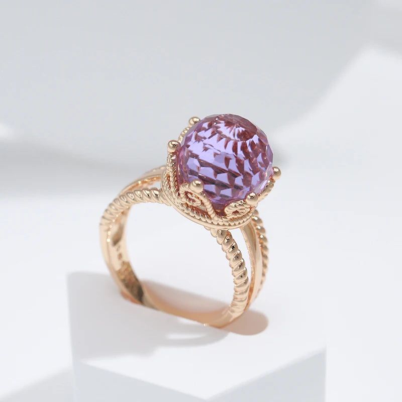 Majestic Vintage 585 Rose Gold Crown Ring with Purple Natural Zircon Ball