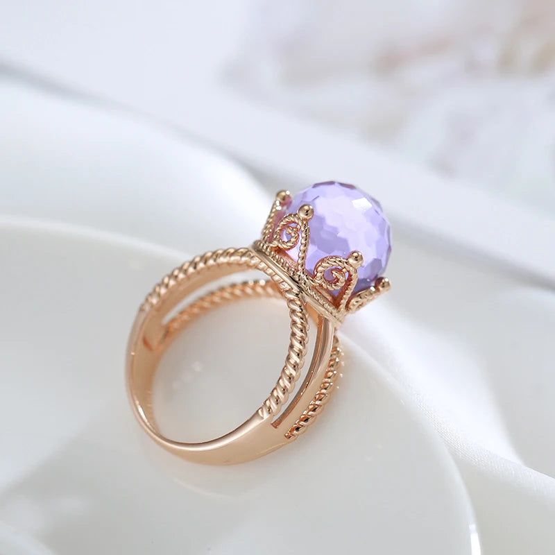 Majestic Vintage 585 Rose Gold Crown Ring with Purple Natural Zircon Ball