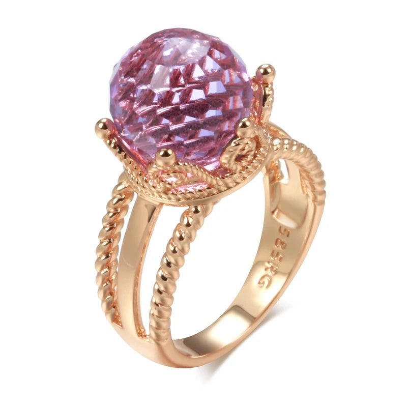 Majestic Vintage 585 Rose Gold Crown Ring with Purple Natural Zircon Ball