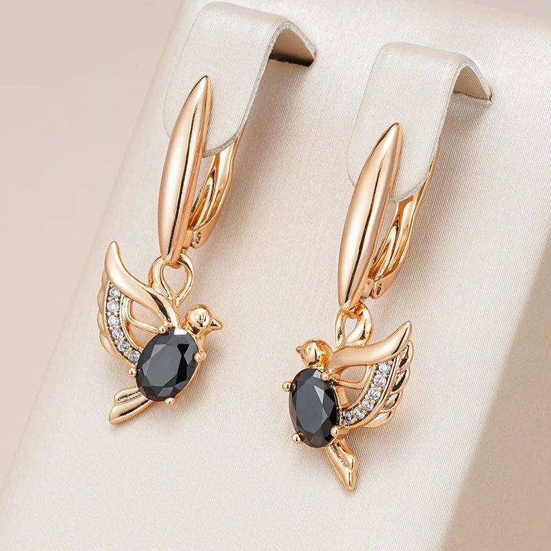 Majestic Vintage 585 Rose Gold Drop Earrings with Black Natural Zircon Bird Pendant