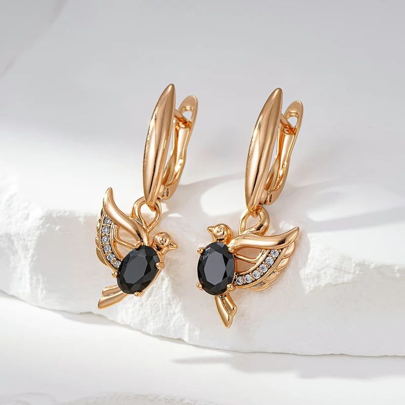 Majestic Vintage 585 Rose Gold Drop Earrings with Black Natural Zircon Bird Pendant