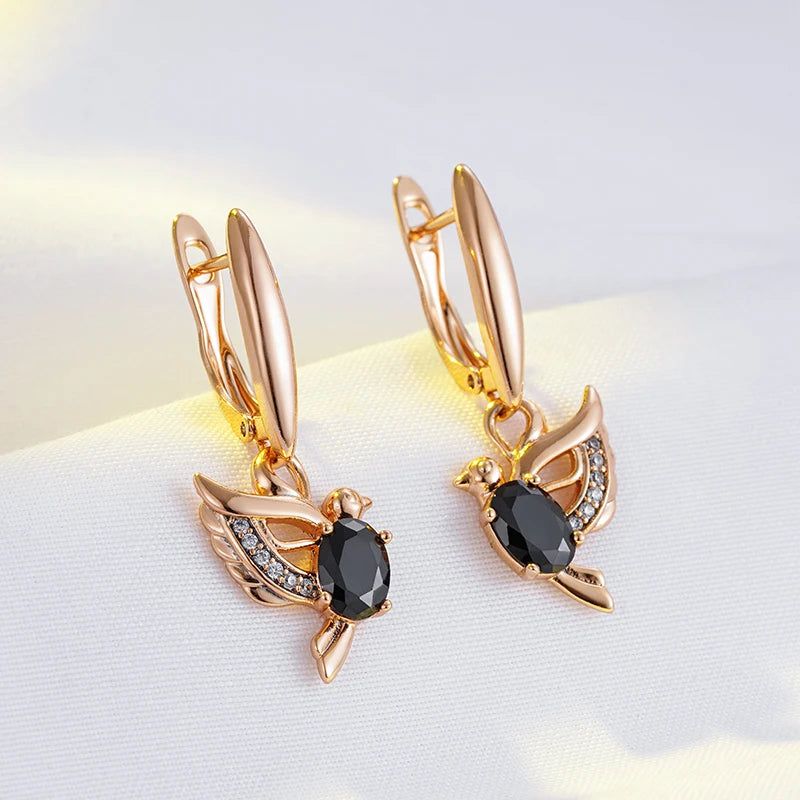 Majestic Vintage 585 Rose Gold Drop Earrings with Black Natural Zircon Bird Pendant