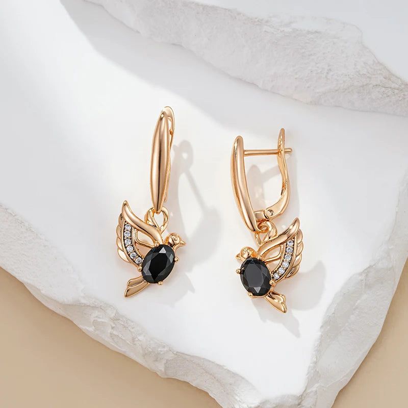 Majestic Vintage 585 Rose Gold Drop Earrings with Black Natural Zircon Bird Pendant