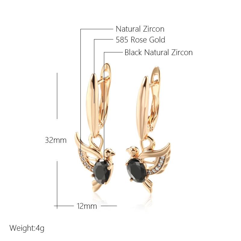 Majestic Vintage 585 Rose Gold Drop Earrings with Black Natural Zircon Bird Pendant