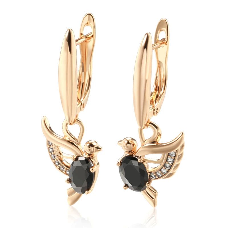 Majestic Vintage 585 Rose Gold Drop Earrings with Black Natural Zircon Bird Pendant