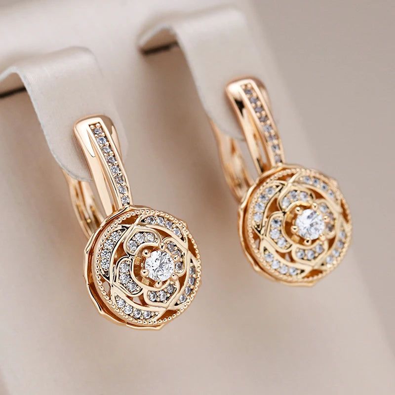 Majestic Vintage 585 Rose Gold Flower Drop Earrings with Natural Zircon Inlay