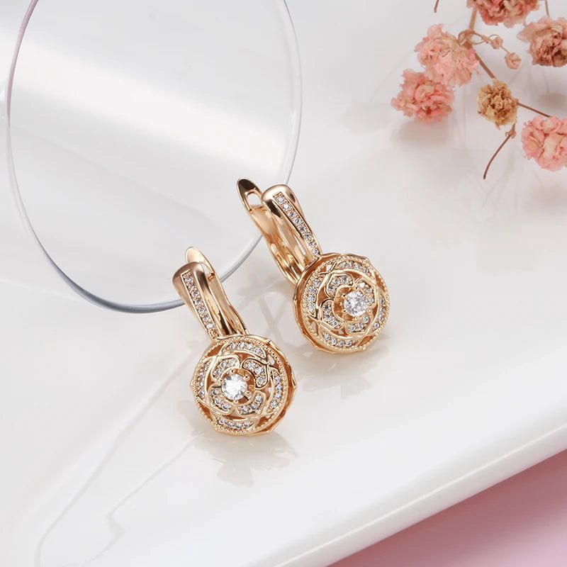 Majestic Vintage 585 Rose Gold Flower Drop Earrings with Natural Zircon Inlay