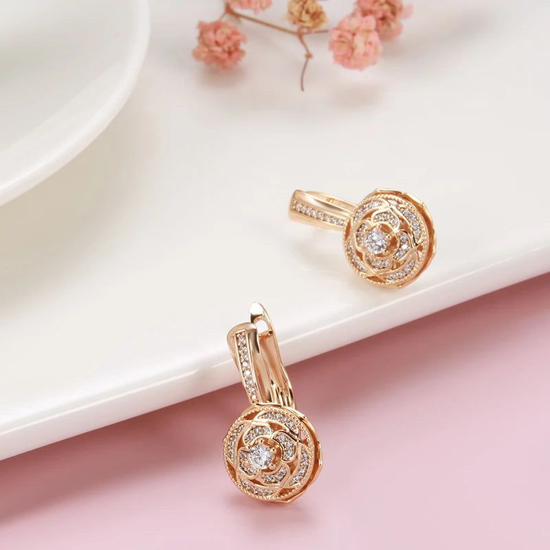 Majestic Vintage 585 Rose Gold Flower Drop Earrings with Natural Zircon Inlay