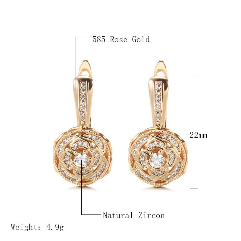 Majestic Vintage 585 Rose Gold Flower Drop Earrings with Natural Zircon Inlay