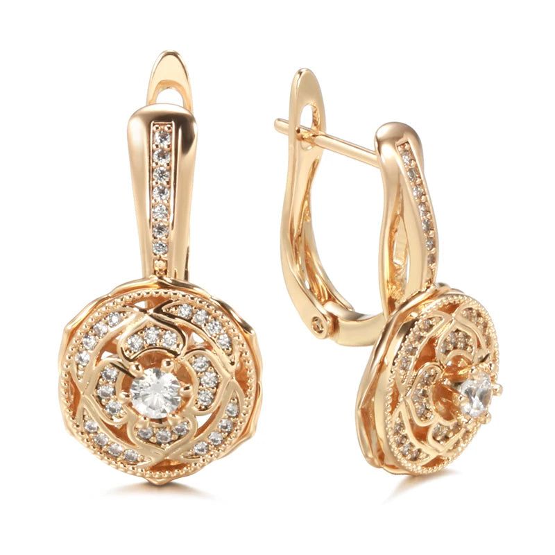 Majestic Vintage 585 Rose Gold Flower Drop Earrings with Natural Zircon Inlay