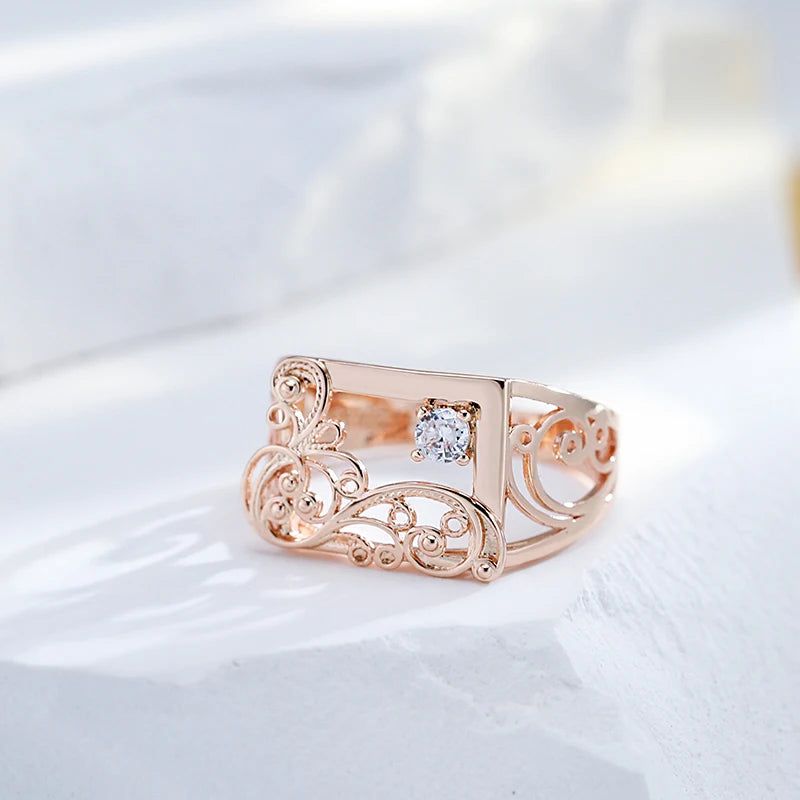 Majestic Vintage 585 Rose Gold Geometric Cocktail Ring with Natural Zircon