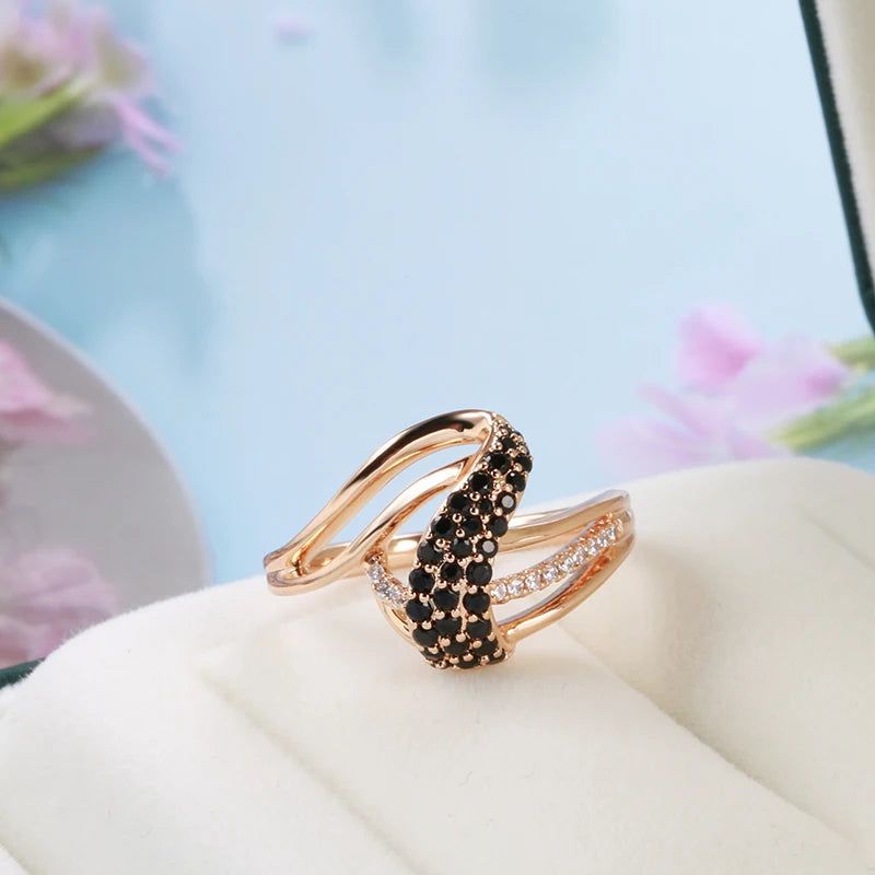 Majestic Vintage 585 Rose Gold Geometric Ring with Natural Black Zircon Accents