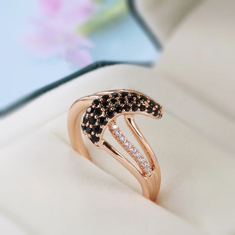 Majestic Vintage 585 Rose Gold Geometric Ring with Natural Black Zircon Accents