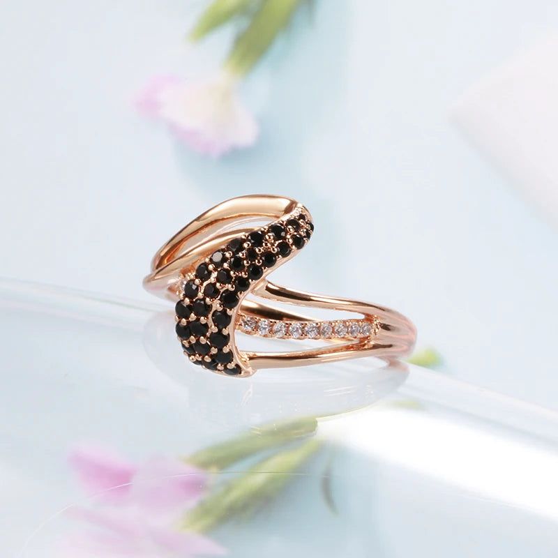 Majestic Vintage 585 Rose Gold Geometric Ring with Natural Black Zircon Accents