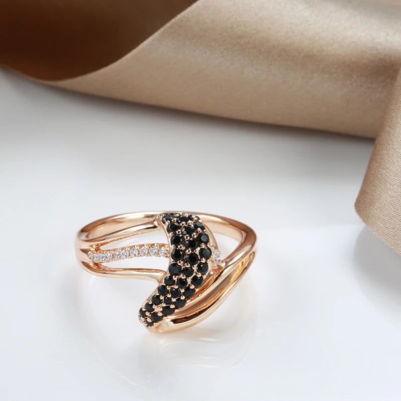 Majestic Vintage 585 Rose Gold Geometric Ring with Natural Black Zircon Accents