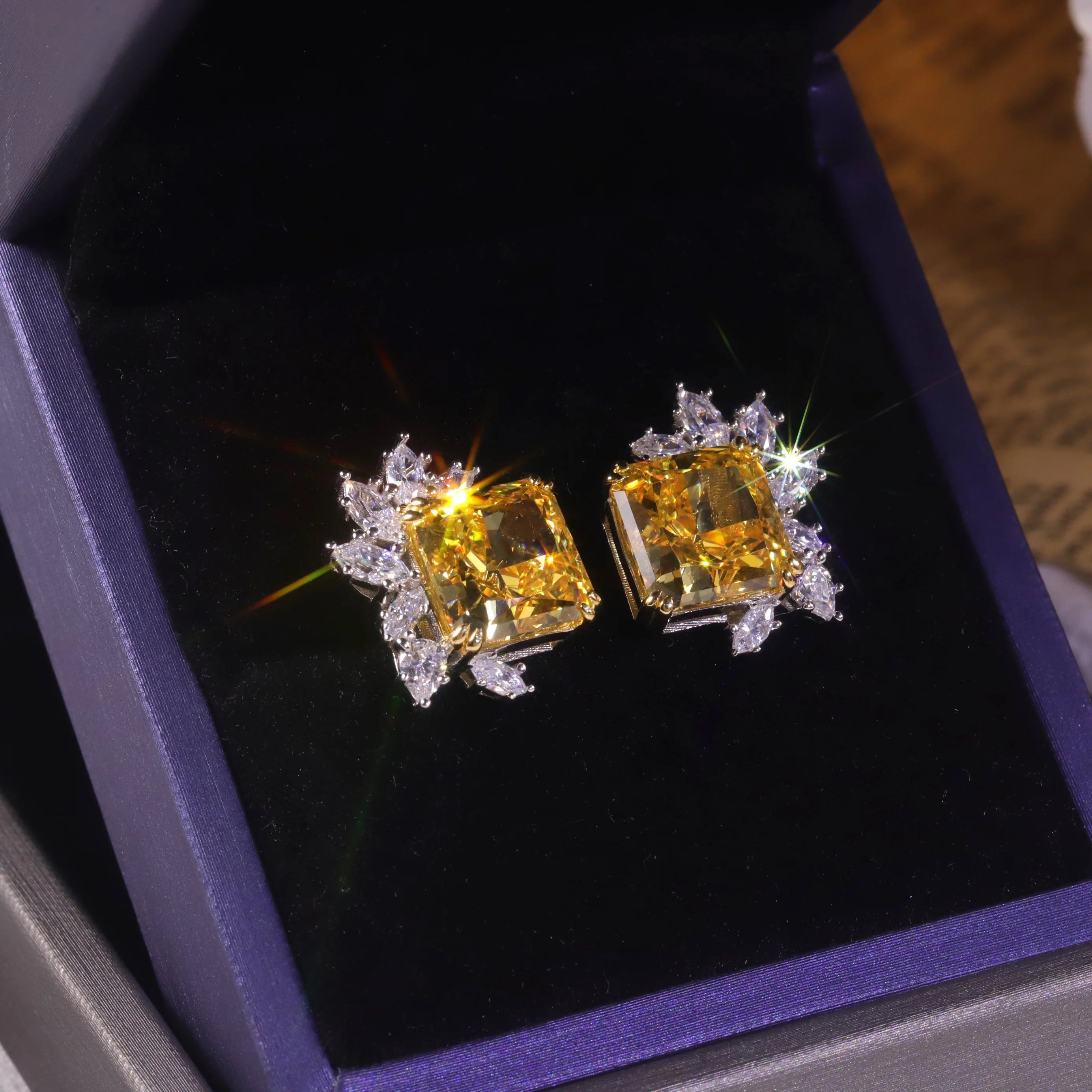 Marquise Diamond-Fire CZ Fancy Vivid Yellow Stud Earrings