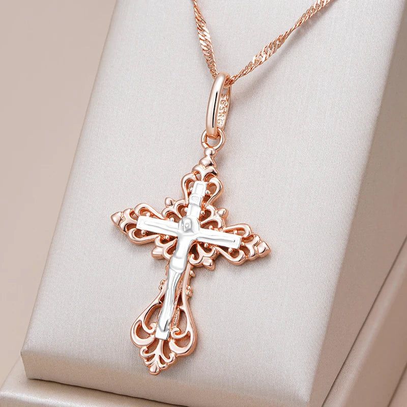 Men's 585 Rose Gold and Silver Orthodox Cross Pendant Necklace - Elegant Charm Jewelry