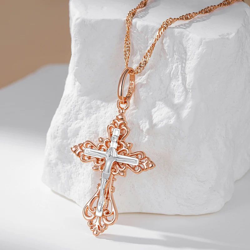 Men's 585 Rose Gold and Silver Orthodox Cross Pendant Necklace - Elegant Charm Jewelry