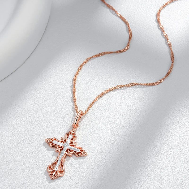 Men's 585 Rose Gold and Silver Orthodox Cross Pendant Necklace - Elegant Charm Jewelry