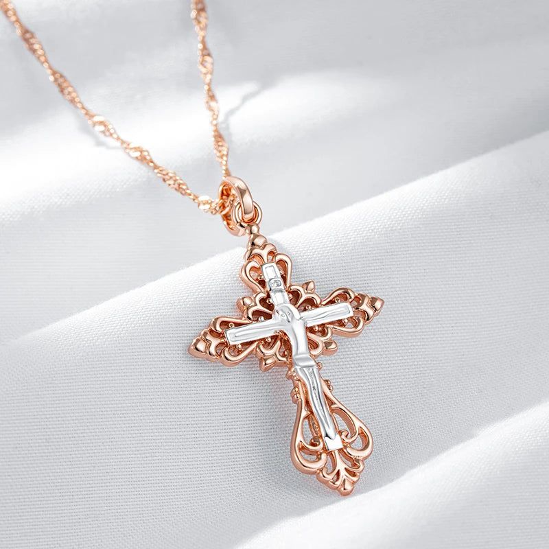 Men's 585 Rose Gold and Silver Orthodox Cross Pendant Necklace - Elegant Charm Jewelry