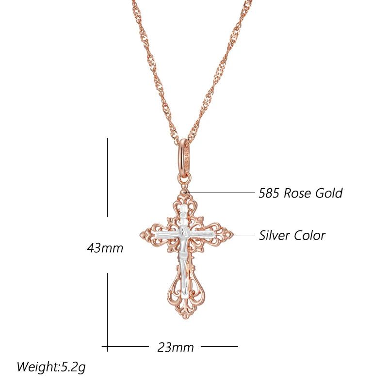 Men's 585 Rose Gold and Silver Orthodox Cross Pendant Necklace - Elegant Charm Jewelry