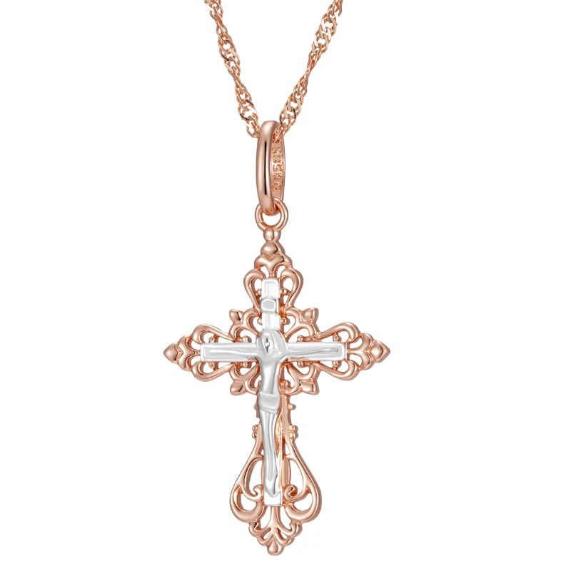 Men's 585 Rose Gold and Silver Orthodox Cross Pendant Necklace - Elegant Charm Jewelry