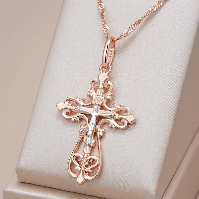 Men's Elegant Orthodox Cross Pendant Necklace in 585 Rose Gold and Silver Mix