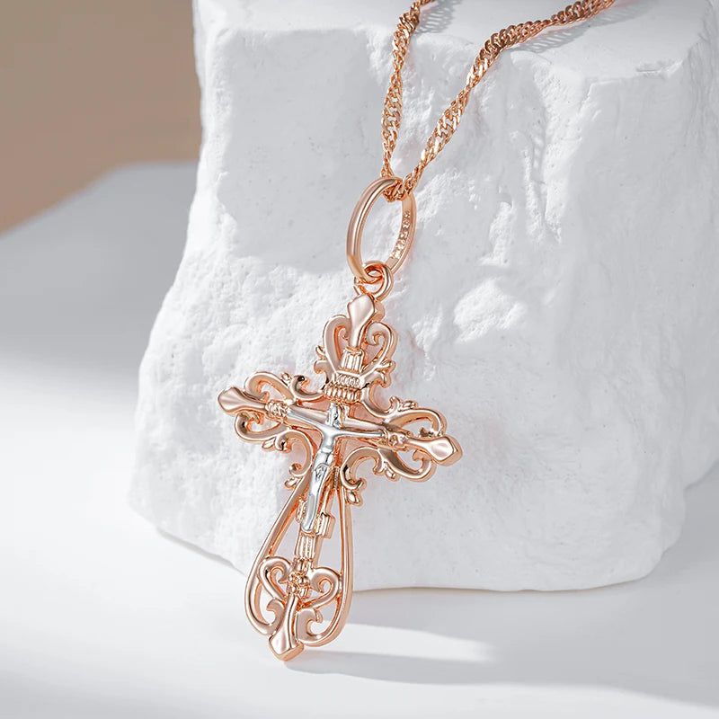 Men's Elegant Orthodox Cross Pendant Necklace in 585 Rose Gold and Silver Mix