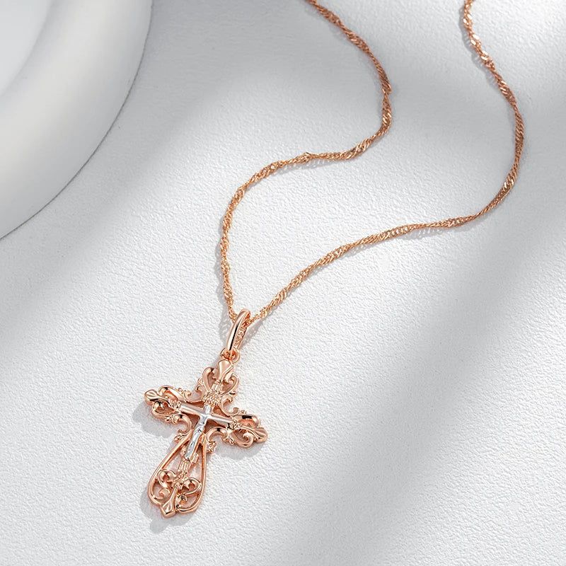 Men's Elegant Orthodox Cross Pendant Necklace in 585 Rose Gold and Silver Mix