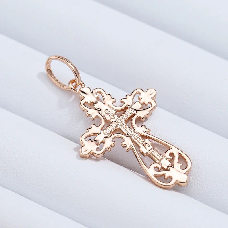 Men's Elegant Orthodox Cross Pendant Necklace in 585 Rose Gold and Silver Mix