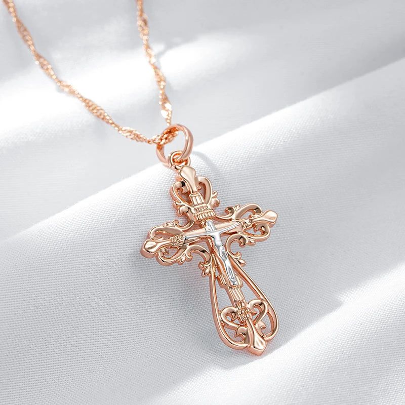 Men's Elegant Orthodox Cross Pendant Necklace in 585 Rose Gold and Silver Mix