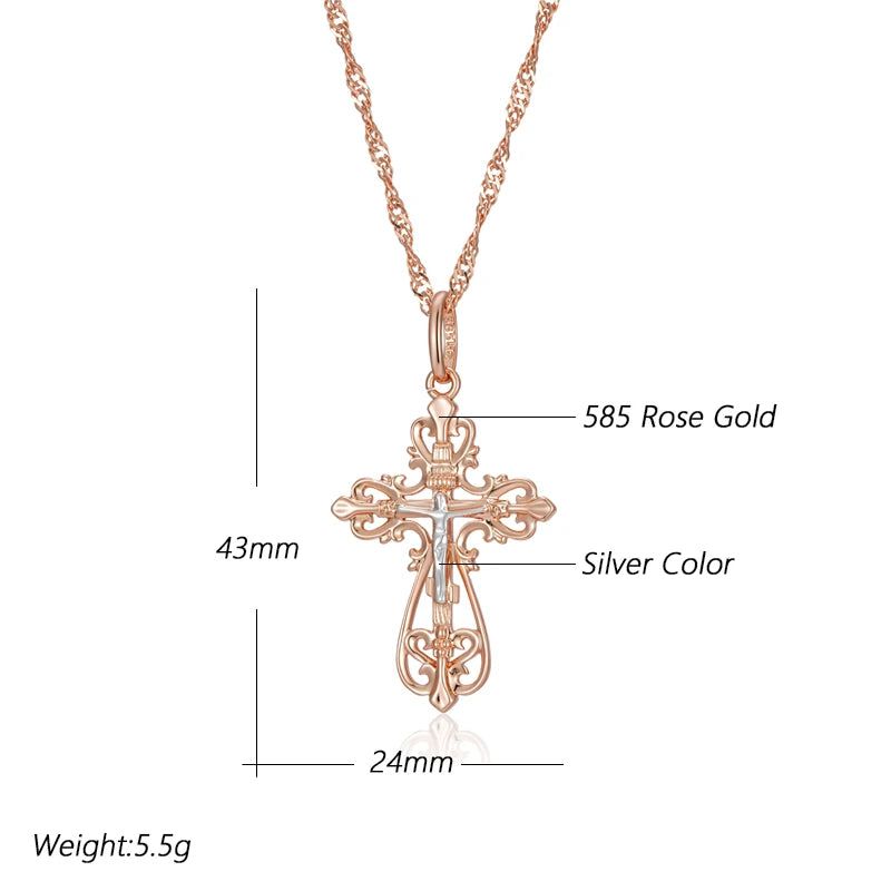 Men's Elegant Orthodox Cross Pendant Necklace in 585 Rose Gold and Silver Mix