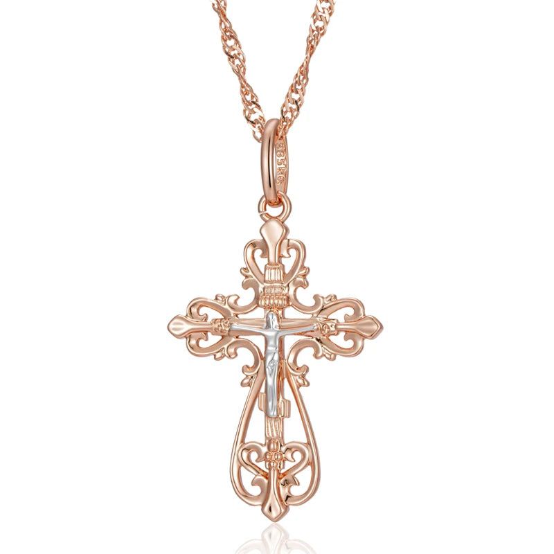 Men's Elegant Orthodox Cross Pendant Necklace in 585 Rose Gold and Silver Mix