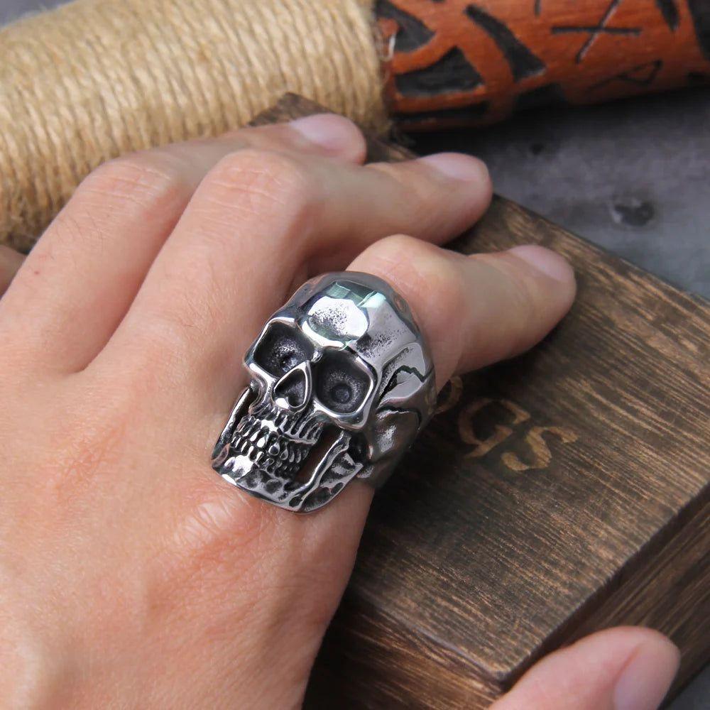 Men's Gothic Skull Biker Ring in 316L Stainless Steel with Elegant Wooden Box