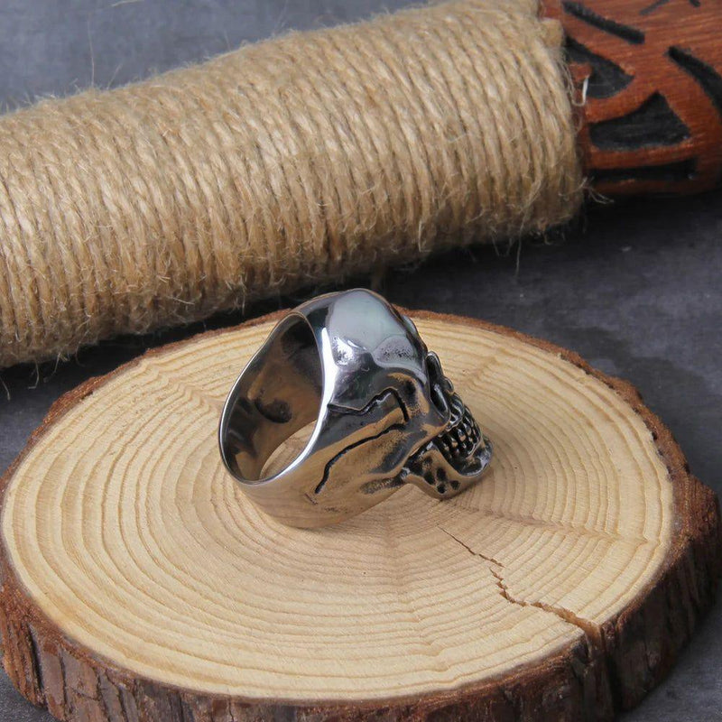 Men's Gothic Skull Biker Ring in 316L Stainless Steel with Elegant Wooden Box