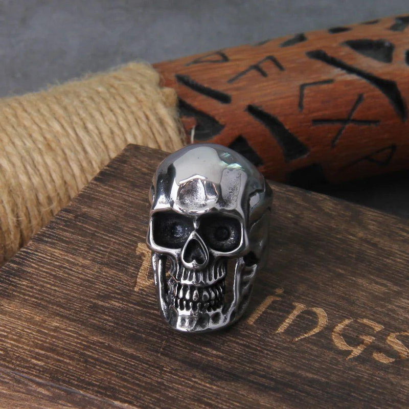 Men's Gothic Skull Biker Ring in 316L Stainless Steel with Elegant Wooden Box