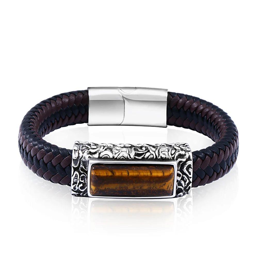 Men's Punk Style Stainless Steel & Leather Stone Embedded Vintage Bracelet