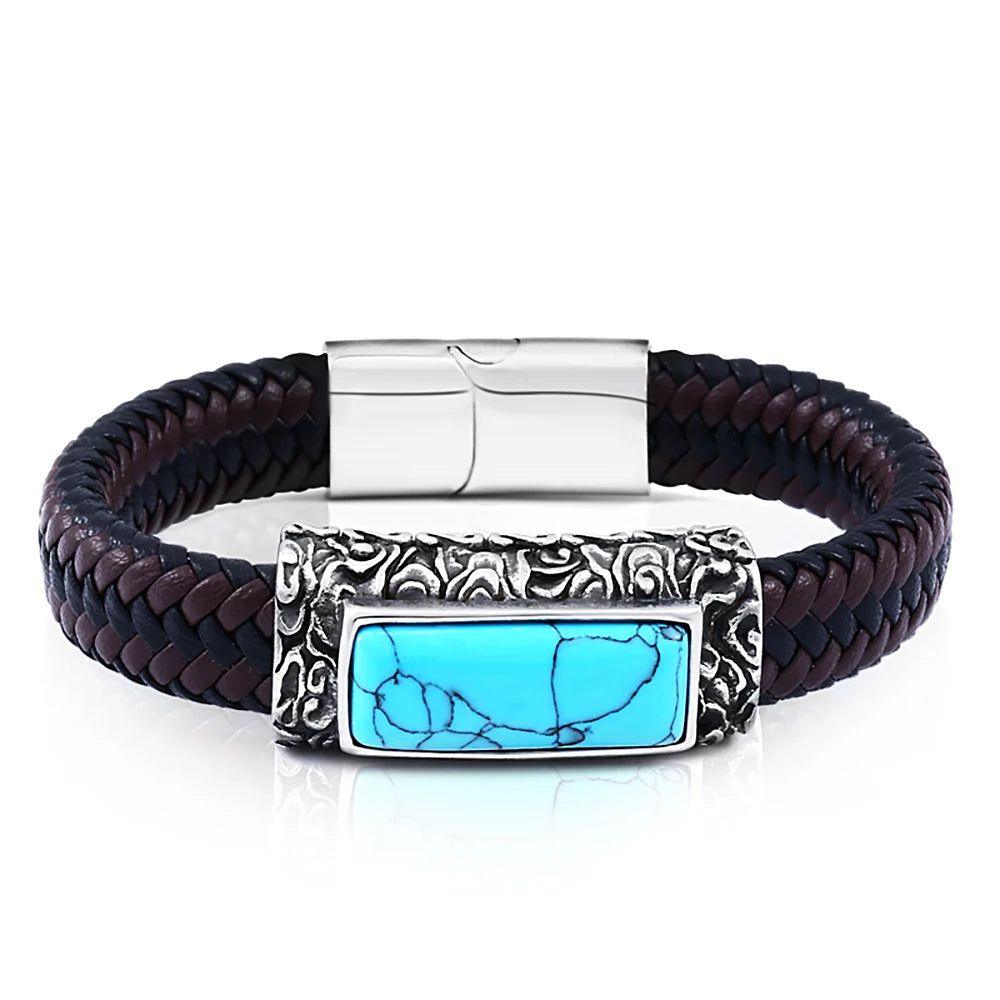 Men's Punk Style Stainless Steel & Leather Stone Embedded Vintage Bracelet