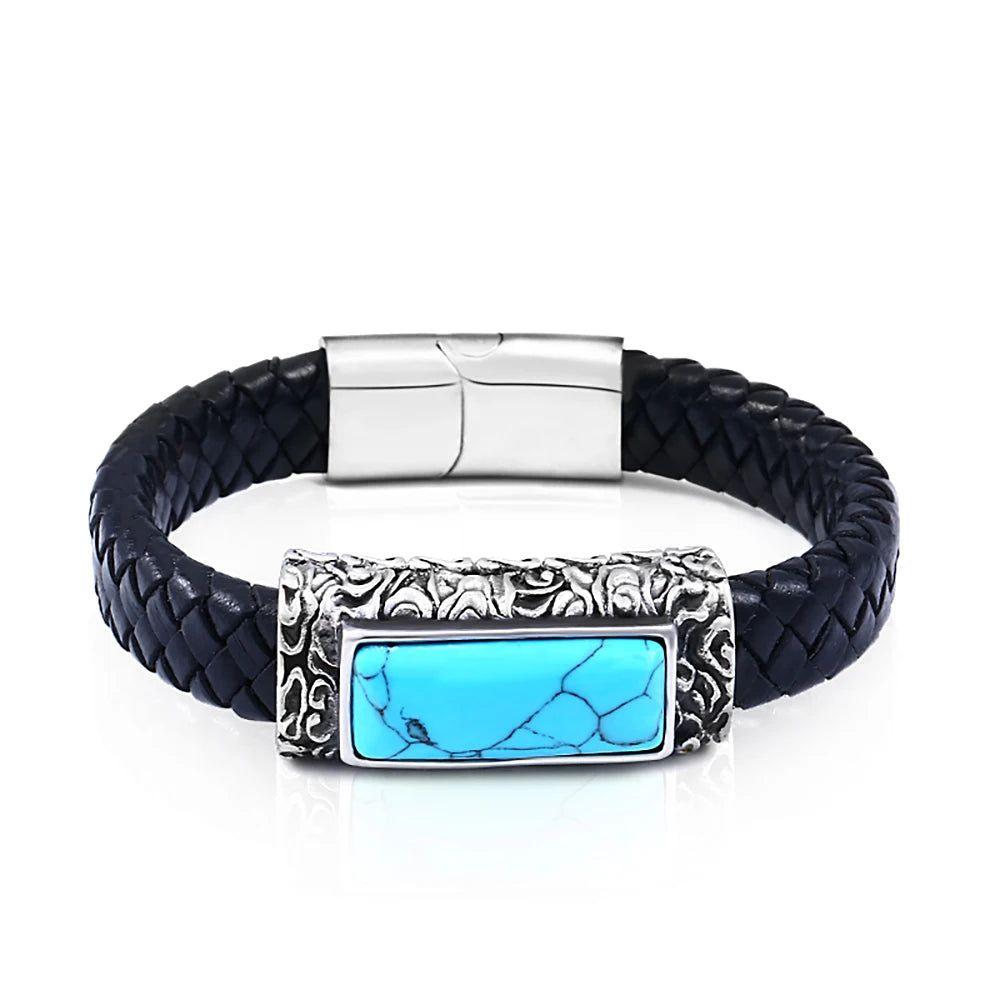 Men's Punk Style Stainless Steel & Leather Stone Embedded Vintage Bracelet